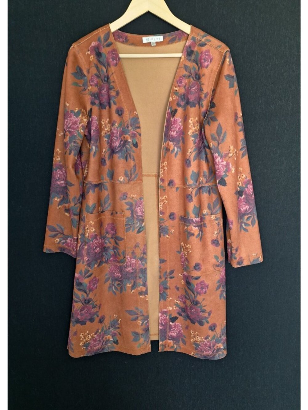 💙 Solitaire Floral Open Front Cardigan Size L Suede Feel Brown Purple Duster Po